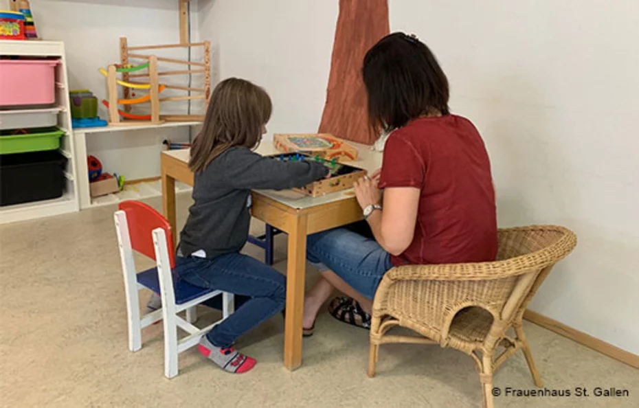 Un enfant et une adulte jouent ensemble dans un lieu sécurisé – une aide essentielle pour les enfants victimes de violence ou en situation de crise.