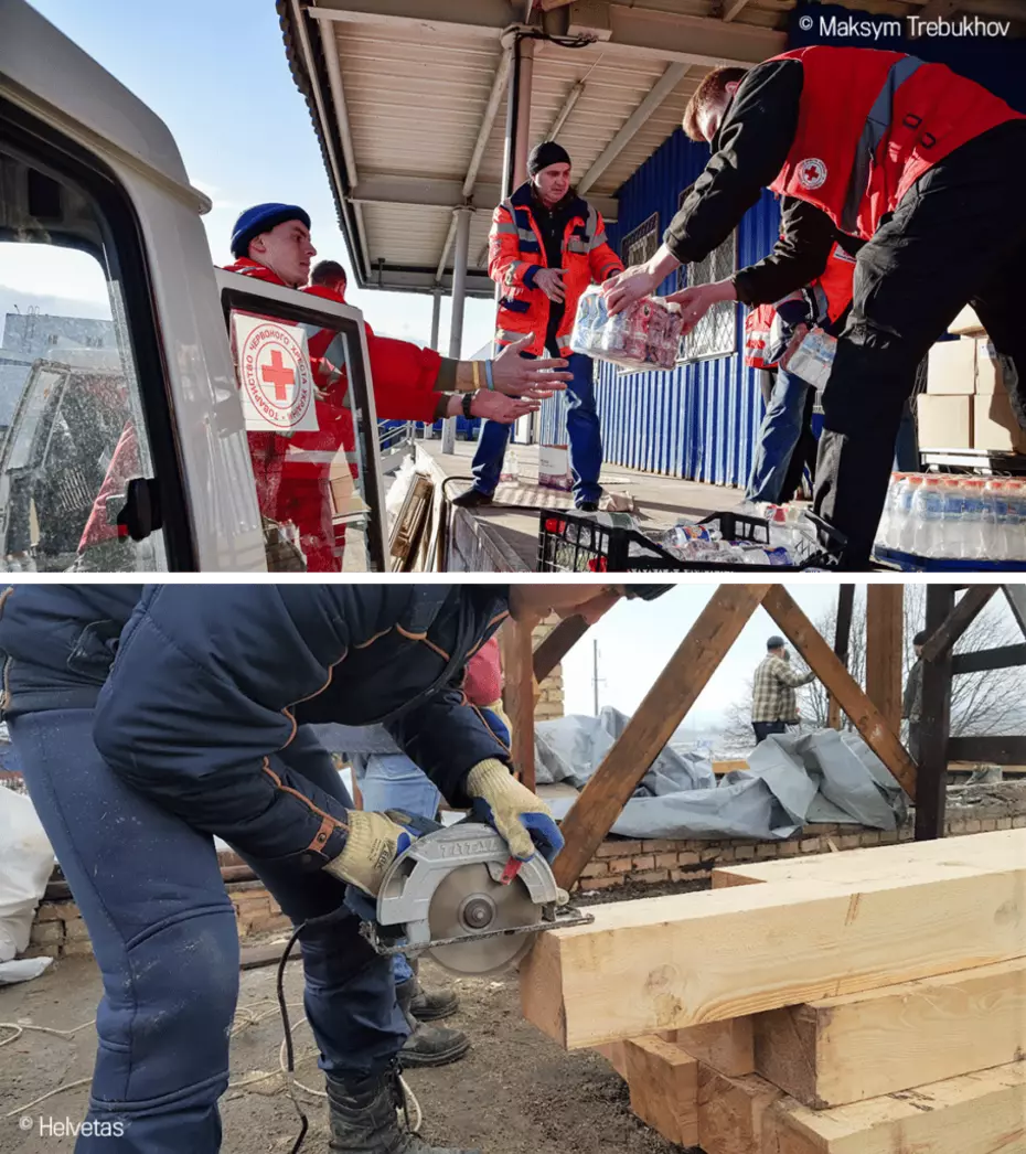 Soutien et reconstruction en Ukraine En haut, des bénévoles distribuent de l’eau et de la nourriture à des personnes touchées par la guerre en Ukraine. En bas, un homme travaille à la reconstruction avec une scie circulaire – une aide durable sur le terrain.