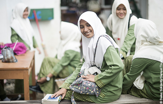 Schoolgirls in a rebuilt school